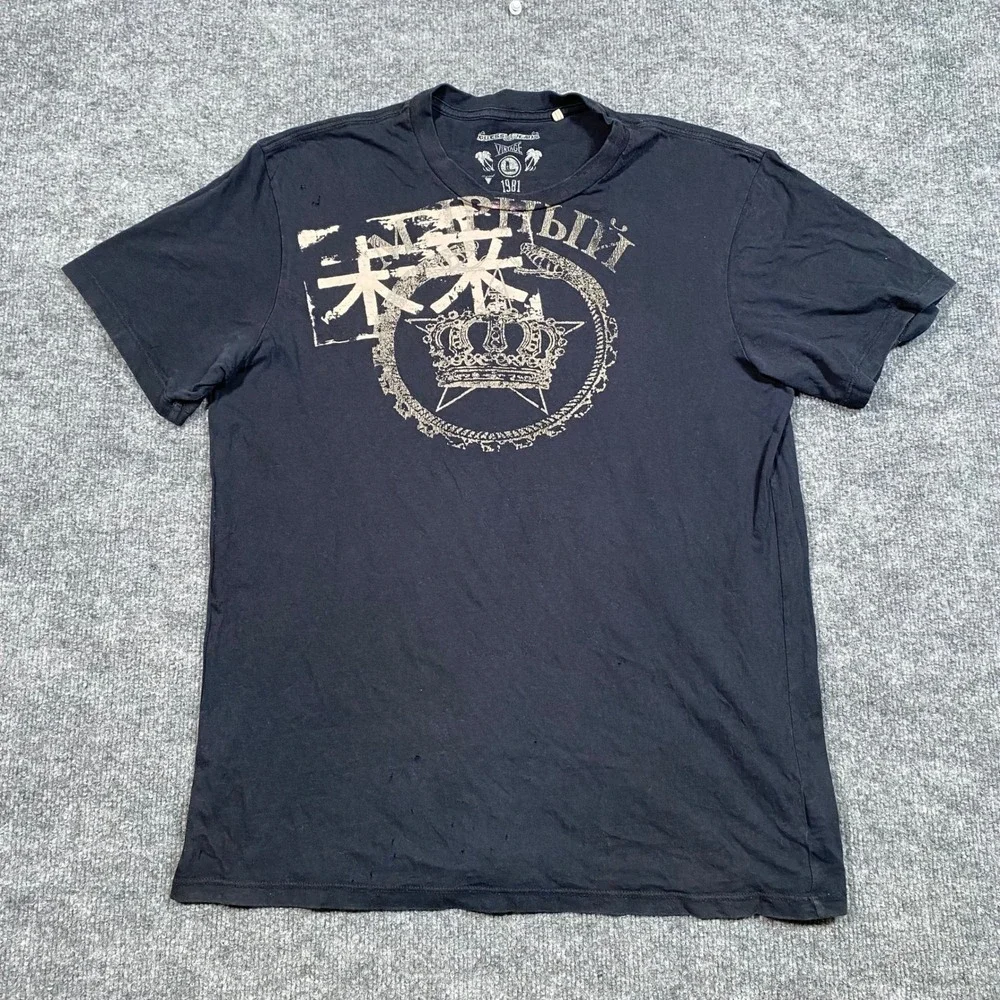 Guess Jeans Mens Vintage Graphic T-Shirt Black Kanji Crown Distressed Large - Picture 1 of 7